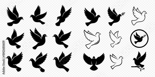 Collection of various dove bird silhouettes and outlines representing peace and freedom.