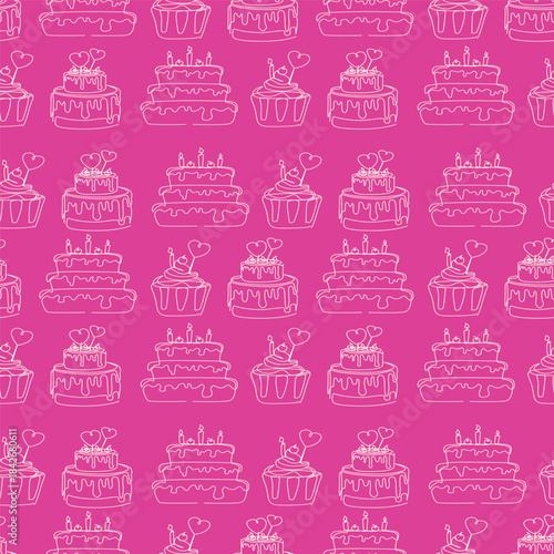 Seamless pattern with l hand drawn line art sweet cakes and cup cakes illustrations. Hand drawn background for fabric, textile, print, wrapping paper or package design.