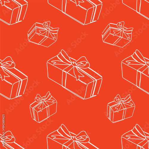 vector red giftbox wrapping paper seamless pattern. Hand drawn background for fabric, textile, print, wrapping paper or package design.