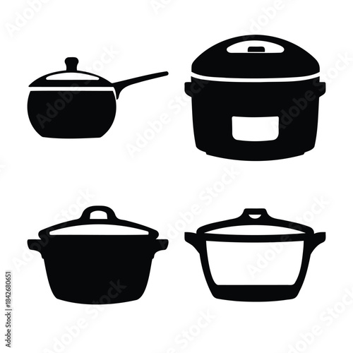 Kitchen cooking pots and rice cooker utensil icon set vector