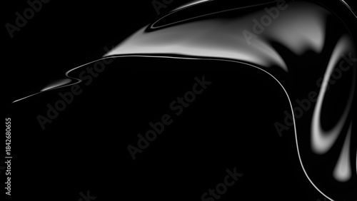 Abstract close up of a glossy black liquid splashing and flowing with dramatic highlights and shadows against a dark background
