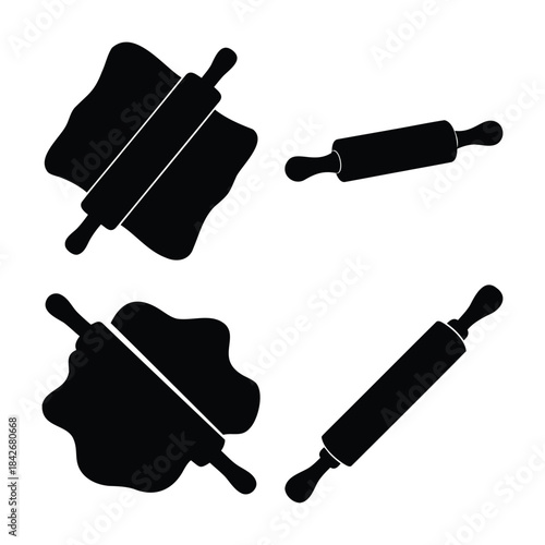 Baking kitchen tools: rolling pin and dough silhouette icons