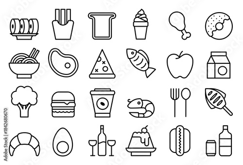 Set of fast food and fresh food icons with line art style vector illustration design.