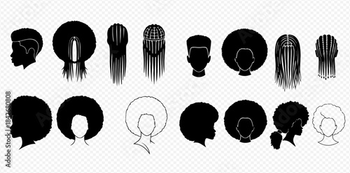Set of diverse African American hairstyles and hair textures, black silhouettes on transparent background.
