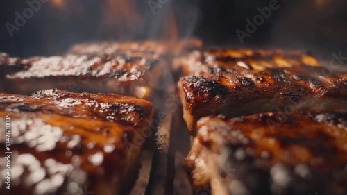Close-up view of succulent barbecue ribs cooking on a hot grill with smoke and flames rising, showing delicious char marks and glaze.