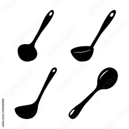 Kitchen tools: various ladle and spoon silhouettes icon set