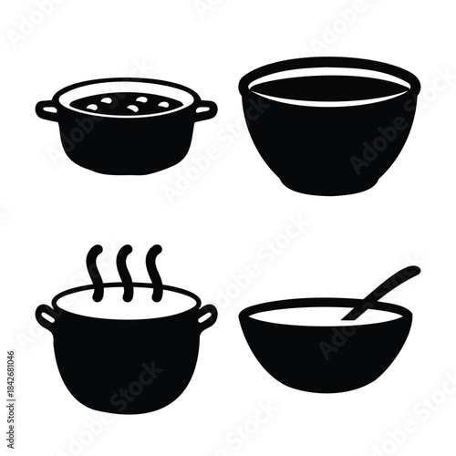 Kitchenware icon set: cooking pots, serving bowls and food