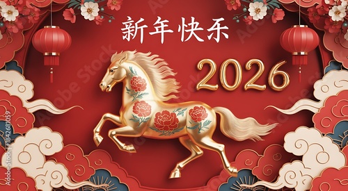 Golden horse with floral patterns and lanterns for chinese new year 2026 celebration