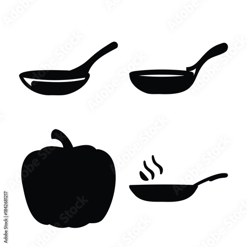 Kitchen cooking essentials: pans, ladle, and bell pepper icons.