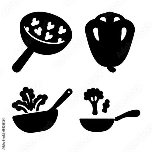 Healthy cooking ingredients and kitchen utensils silhouette