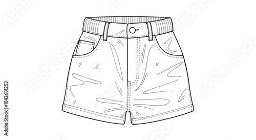 Black and white line art illustration of a pair of high-waisted denim shorts with pockets and belt loops for summer fashion apparel design.