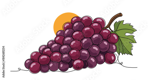 Detailed illustration of a cluster of ripe purple grapes with a green leaf and a golden sun circle background representing a healthy harvest.