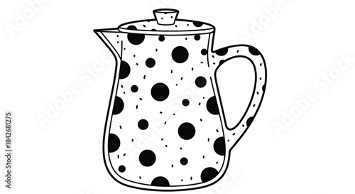 Black and white line art illustration of a lidded ceramic pitcher decorated with large black polka dots for kitchenware and serving drinks.