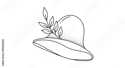Elegant black and white line art illustration of a wide-brimmed sun hat decorated with a delicate leafy branch for summer fashion accessory.