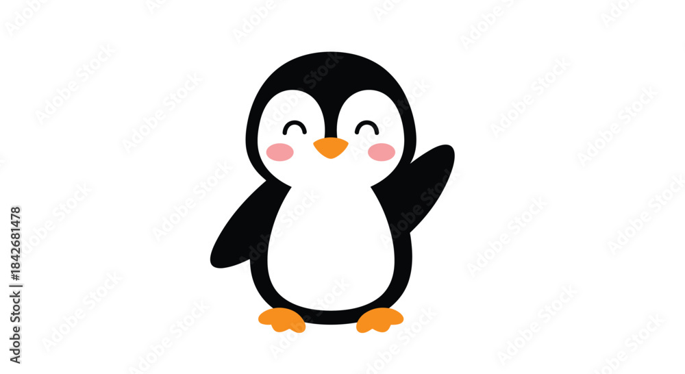 Obraz premium Cute cartoon penguin waving with a happy expression and bright rosy cheeks in a simple and colorful vector illustration for children.