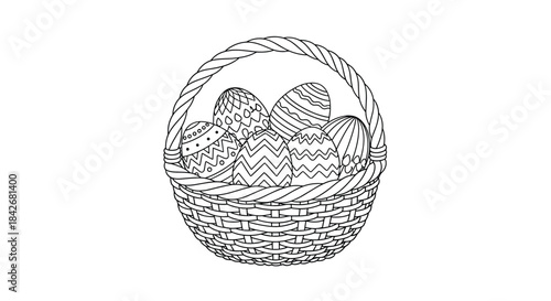 Intricate black and white line art illustration of a woven basket filled with various patterned Easter eggs for holiday celebration themes.