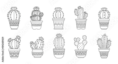Collection of various desert cacti in uniquely patterned pots presented in a clean black and white line art style for coloring books.