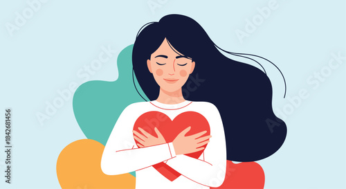 Woman with long flowing dark hair closing her eyes while hugging a large red heart against a soft blue and multicolored background.