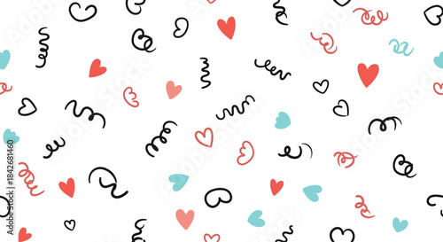 Playful seamless pattern featuring colorful red hearts, blue shapes, and black curly squiggles on a clean and bright white background.