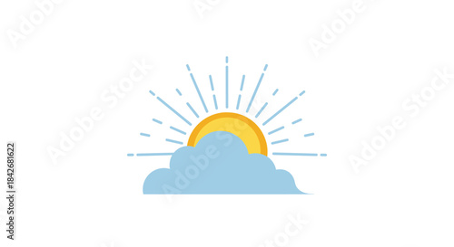 Sun rises behind a rounded blue cloud as bright rays fan out across the sky creating a peaceful morning glow that welcomes a fresh new day.