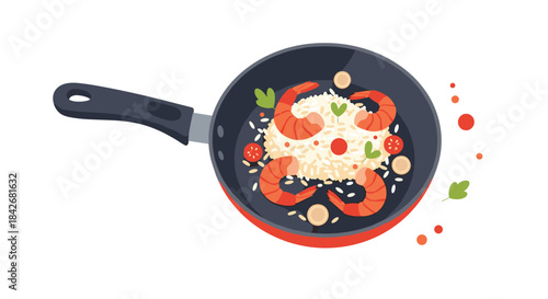 Vibrant shrimp and vegetable fried rice steaming in a red nonstick pan with garlic herbs mushrooms and peas creating a colorful home kitchen scene.