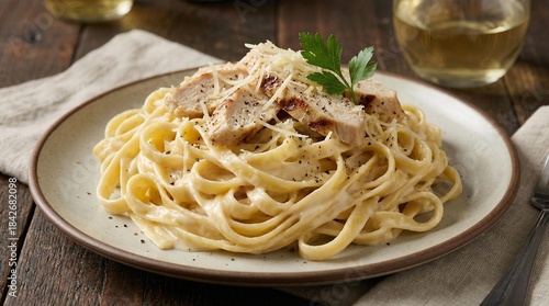 Creamy chicken fettuccine alfredo pasta topped with parsley