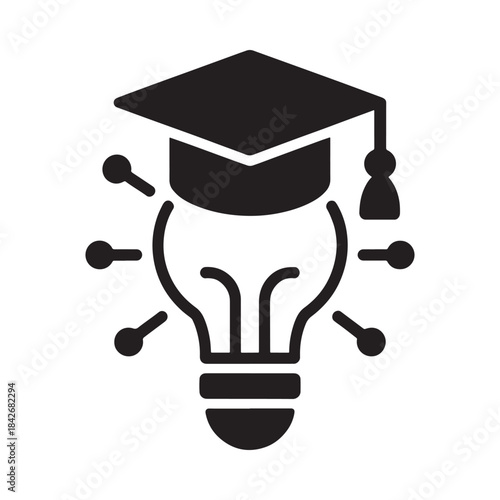 A black and white icon representing the integration of education, knowledge, and innovative ideas