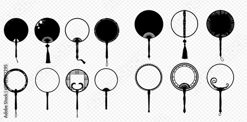Set of traditional Chinese round hand fans in black and white silhouette illustrations.