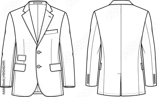 Formal Men's Suit Jacket or Blazer Technical Flat Sketch with Notched Lapel, Two-Button Closure, and Flap Pockets Design