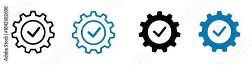 Clean gear checklist icon set showing task completion, system readiness, and operational success. Professional vector icons for business, technology, and productivity themes.