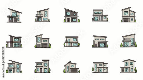 Colorful Cartoon Villa House Icons Set Modern Building Vectors