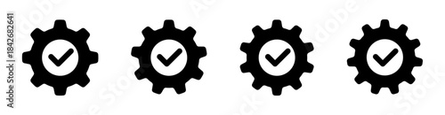 Black gear checklist icon set symbolizing task completion, system control, quality assurance, and mechanical workflow. Minimal vector symbols isolated on transparent background.