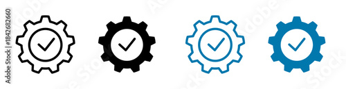 Gear checklist icons in black and blue representing system verification, process approval, and technical management. Clean vector design for business and technology use.