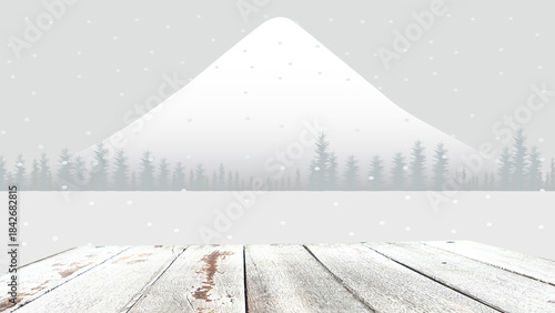 Snowy Christmas holiday background with empty wooden table against winter mountains