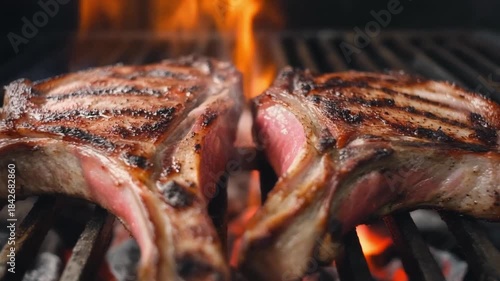Two thick cuts of seasoned meat grilling on a hot barbecue with visible flames and perfect grill marks, showcasing a delicious meal preparation.