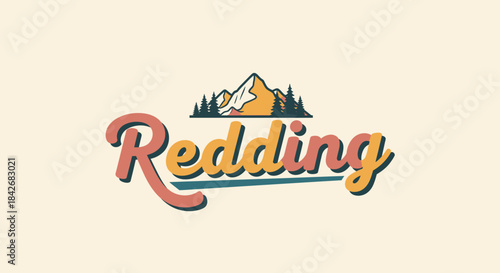 Retro-style Redding logo with mountains and pine trees, featuring a warm, earthy color palette on a cream background.