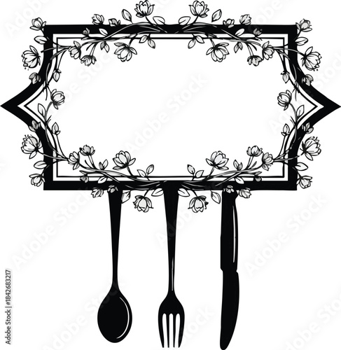 Floral Frame with Cutlery Spoon, Fork, and Knife Illustration for Culinary Design