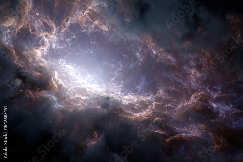 An outer space image featuring light in the center, encircled by purple, tan, and gray dust clouds, creating a swirling galactic spectacle.