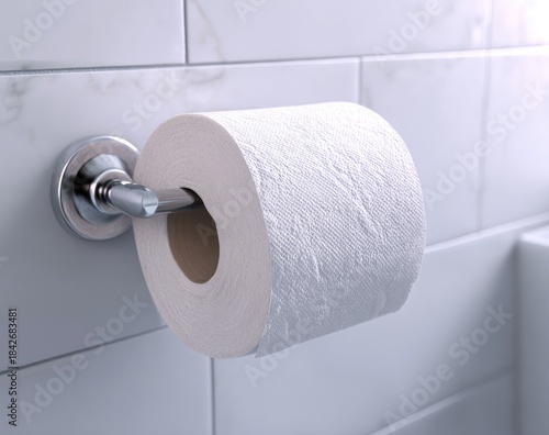 A roll of white paper suspended on a polished metal fixture mounted to a tiled wall