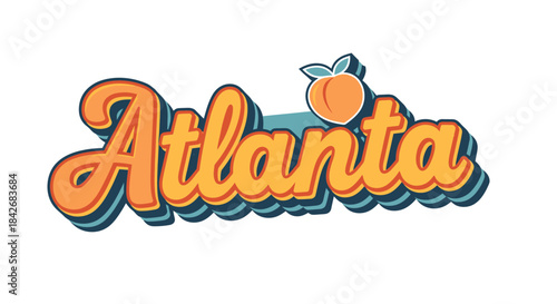 Retro-style 'Atlanta' text with a peach icon, featuring orange and blue layered typography, evoking a vintage travel or city theme.