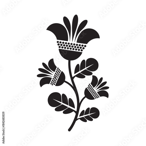 Black and white stylized floral motif with folk art inspiration