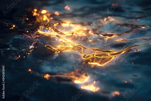 Golden light dances on rippling water, a mesmerizing spectacle of fluid motion and vibrant illumination, nature's artistic display.