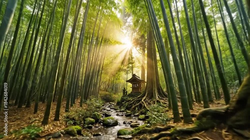 Serene Bamboo Forest Pathway Illuminated by Golden Sunbeams Shining Through Lush Green Canopy