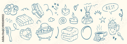 Self-Care and Relaxation Icon Set – Hand-Drawn Wellness Doodles with Candles, Towels, Bath Elements, Aroma Diffuser, Tea, and Cozy Spa Items for Calm Lifestyle and Mindfulness Designs.