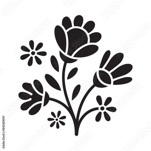 A black and white folk art stylized floral design with simple flowers and stems