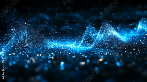 Futuristic data visualization of a soundwave or digital mountain range with glowing particles