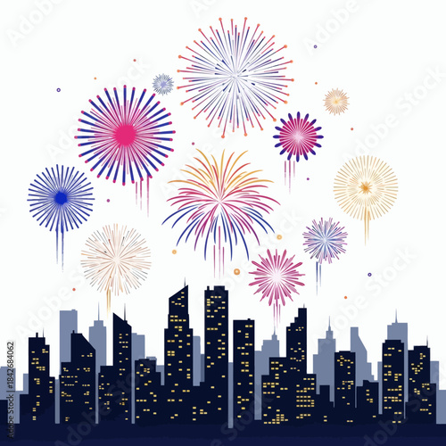 Spectacular fireworks display illuminating a vibrant city skyline at night, celebrating a special occasion with bursts of color and light