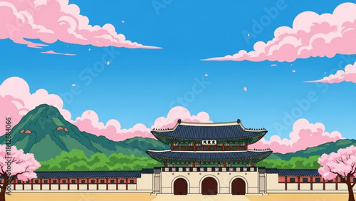 Gyeongbokgung Palace in Seoul South Korea with cherry blossoms and mountains a beautiful travel destination illustration