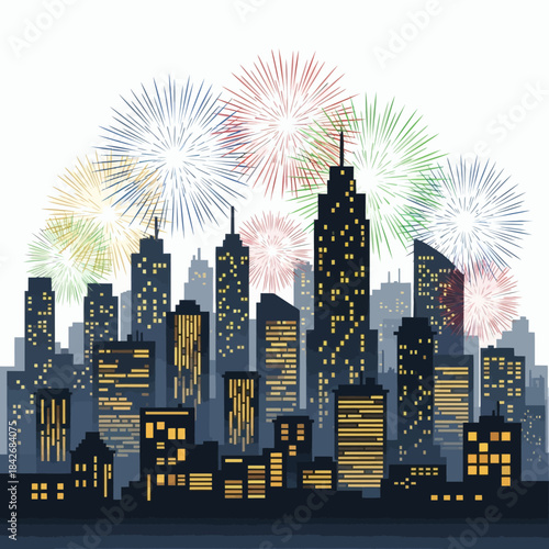 Vibrant cityscape illuminated by a dazzling fireworks display, celebrating a festive urban evening