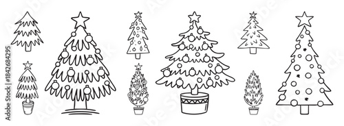 Christmas trees line art collection with baubles and stars, varied sizes and forms, monochrome set, hand drawn.